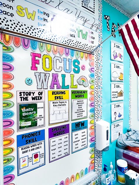 A focus wall is a must have in the classroom! Focus Boards Classroom, Organisation, Elementary Reading Classroom Decor, Wonders Focus Wall Kindergarten, Standards Board Classroom, Math And Reading Bulletin Board, Wonders Focus Wall Second Grade, Reading Focus Wall 1st Grade, Ckla First Grade Focus Wall