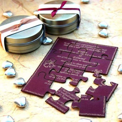 Cute 15+ Jigsaw Puzzle Wedding Card Ideas That Are Way Too Cute To Handle! | WedMeGood Interesting Wedding Invitations, Kad Perkahwinan, Unique Wedding Invitations Creative, Wedding Cakes Maroon, Wedding Puzzle, Unique Wedding Cards, Creative Wedding Invitations, Creative Invitations, Wedding Party Invites