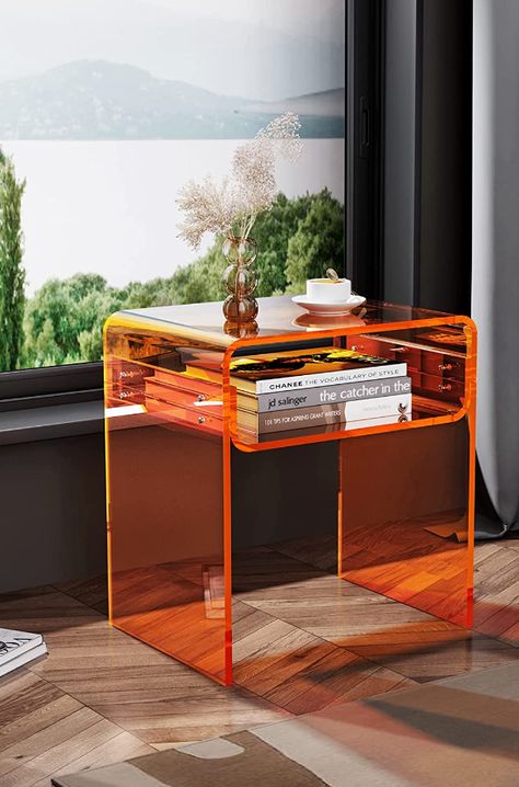 Orange Transparent Funky and Unique Table for the Bedroom or Living Room. Funky Bedside Table, Orange Bedside Table, Diy Bedside Table, Acrylic End Table, Funky Bedroom, Funky Room, Acrylic Side Table, Orange Furniture, Acrylic Furniture