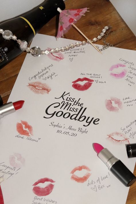 Kiss The Miss Goodbye, Hen Night Ideas, حفل توديع العزوبية, Apply Lipstick, Bridal Shower Inspo, Bridal Shower Planning, Bride Shower, Bachelorette Party Planning, Bridal Bachelorette Party