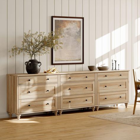 Double Wide Dresser, Long Dresser In Front Of Window, Long Short Dresser Furniture, Organic Modern Bedroom Dressers, 9 Drawer Dresser Bedroom, Dresser Placement In Bedroom, Light Wood Dresser Bedroom, Decorating Dresser Tops Bedroom, Long Dressers Bedroom