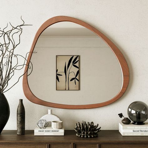 Mid Century Modern Living Room Mirror, Asymmetrical Wall Mirror, Mid Century Entry, Wooden Framed Mirror, Asymmetrical Wall, Mirror Mid Century, Mid Century Modern Mirror, Pine Wood Walls, Mirror For Living Room