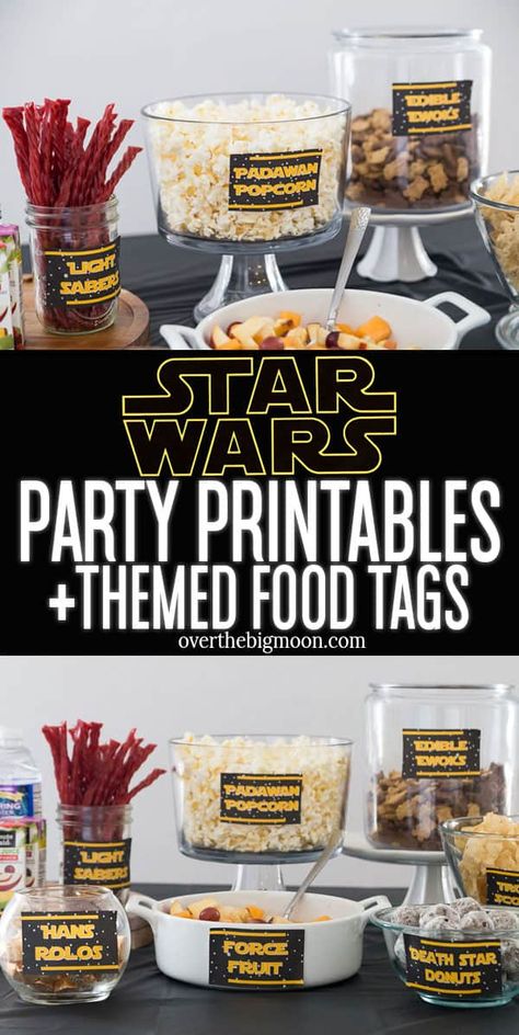 These Star Wars Party Printable Food Tags will help you take your Star Was Party or May the 4th Be With You Party to the next level! I'm offering over two dozen food tags, plus some blanks one for you to create your own! Just download, print at home and you're ready to party!! From overthebigmoon.com #starwars #starwarsparty #maythefourthbewithyou #starwarsrecipes #starwarsfoodpuns #foodpuns Star Wars Themed Decor, First Birthday Star Wars Cake, Grogu Food, Mandalorian Party Ideas, Star Wars Day Food, Star Wars Food Labels, Starwars Food, Free Star Wars Printables, Star Wars Gender Reveal