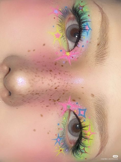 Different Aesthetics Makeup, Pixel Makeup Art, Pride Month Eye Makeup, Eyeshadow Inspiration Colorful, Kidcore Makeup Looks, Kiss Mark Makeup, Clowncore Makeup Aesthetic, Subtle Clowncore Makeup, Different Kinds Of Eyes