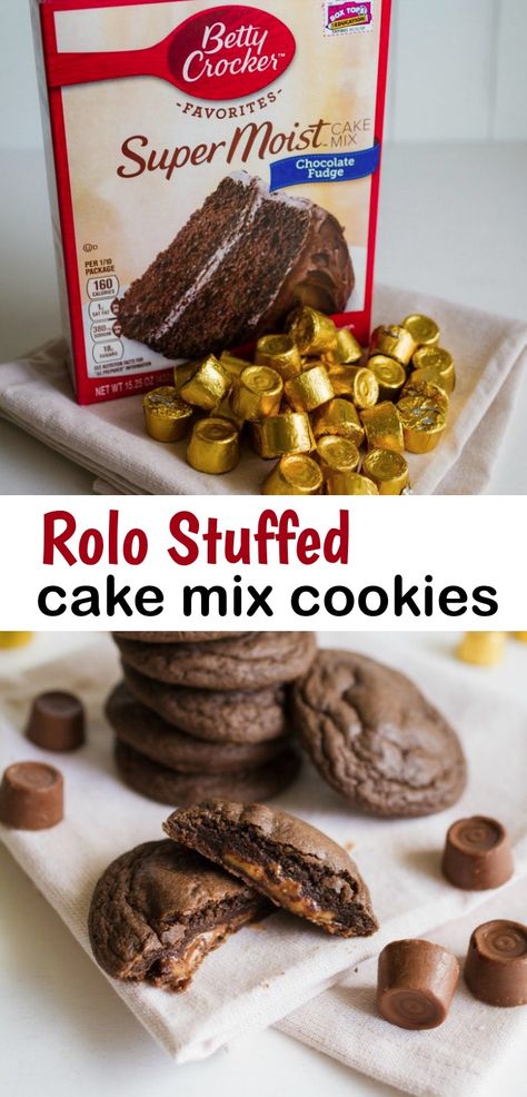 Chocolate Cake Mix Rolo Cookies, Cake Mix Rolo Cookies, Dessert With Rolos, Rolo Cookies Devils Food Cake, Desserts With Rolo Candy, Rolo Chocolate Cookies, Cookies Made With Rolo Candy, Chocolate Rolo Cookies Recipe, Rolo Cake Mix Cookies