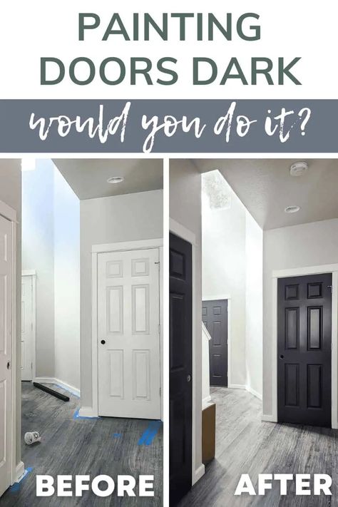 Painting Black Doors Interior, Rooms With Black Doors, Black Painted Interior Doors White Trim, Black Hallway Doors White Trim, Interior Doors Black Paint, Grey Walls And Black Trim, Grey Walls With Black Doors, Dark Indoor Doors, Painted Vs Stained Interior Doors