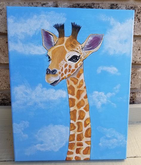 Sold!  Acrylic painting of a giraffe on canvas with wooden frame. Painting Of Giraffe, Cute Giraffe Painting Easy, Acrylic Painting Giraffe, How To Paint A Giraffe, Acrylic Giraffe Painting, Safari Painting Canvases, Acrylic Painting For Nursery, Acrylic Painting Canvas Cartoon, Acrilic Paintings Animals