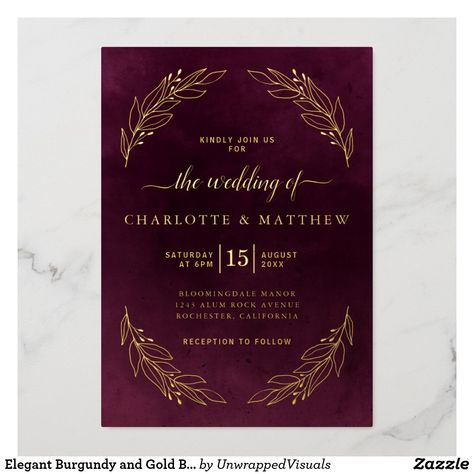 Heather Wedding, Botanical Wedding Invitation, Invitations Template, Gold Foil Invitation, Burgundy Wedding Invitations, Botanical Wedding Invitations, Celebration Ideas, Gold Bridal Showers, Letterpress Invitations