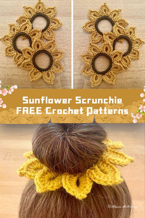 Get creative with these #crochet patterns for sunflower scrunchies. They're free and perfect for adding a touch of summer to your hair! Amigurumi Patterns, Diy Crochet Hair Accessories, Diy Hair Accessories Tutorial, Summer Crochet Patterns Free, Hair Ties Tutorial, Crochet Hair Bows, Crochet Headband Tutorial, Flower Scrunchie, Summer Hair Accessories