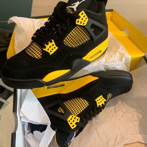 Jordan 4 Yellow thunder Jordans Yellow And Black, Jordan 4s Black And Yellow, Air Jordan 4 Retro Women, Yellow Shoes Jordans, Yellow Jordan 4’s, Black And Yellow Jordan 4s Outfit, Yellow Jordan Aesthetic, Jordan 4 Black And Yellow, Yellow Jordan 4 Outfit Women