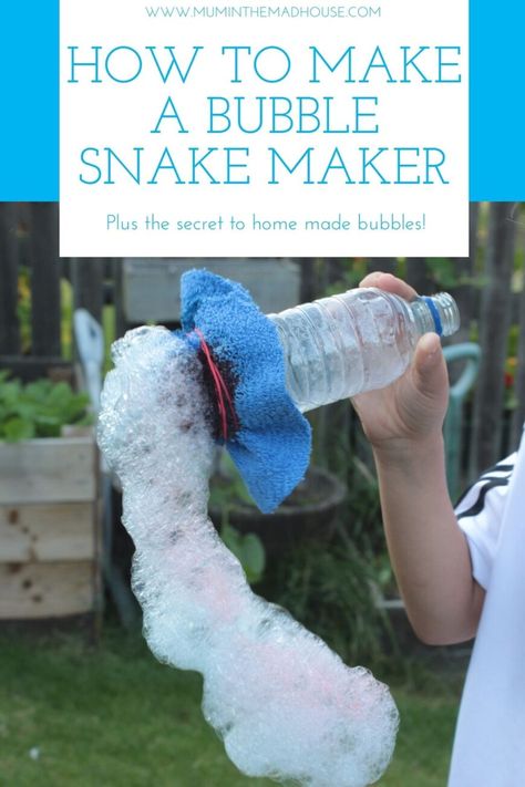 Bubble Snake Maker Water Bottles, Bubble Snakes For Kids, Bubble Snakes, Snakes For Kids, Bubble Snake, Bubble Mixture, Bottle Art Projects, How To Make Bubbles, Bubble Bottle