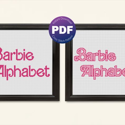 Barbie movie inspired cross stitch pattern - Barbie alphabet, upper and lowercase letters, numbers, basic punctuation, 2 versions included, Pink, PDF instant download Barbie Cross Stitch Font, Barbie Cross Stitch Pattern, Barbie Cross Stitch, Easy Cross Stitch, Cross Stitch Fonts, Barbie Inspired, Easy Cross, Upper And Lowercase Letters, Barbie Movie
