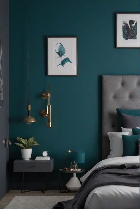 dark teal wall paint, bedroom decor, trendy decor option, interior design	Color	match paint, wall painting, interior decor, space planning Teal Grey Bedroom Ideas, Small Bedroom Dark Blue Walls, Dark Teal Bedroom Ideas Accent Wall, Teal And Brown Bedroom Ideas, Teal Accent Colors, Teal Colour Bedroom Ideas, Teal Green Interior Design, Turquoise Guest Bedroom, Dark Teal And Gray Bedroom