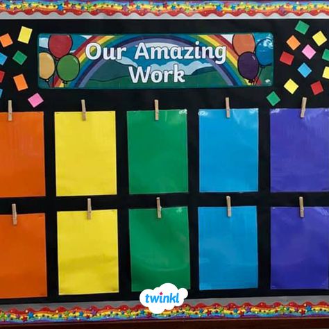 This 'Our Amazing Work' colourful display can be used to celebrate the achievements of your class. Use pegs to put up your children's work instantly for immediate praise. If you're making your own celebration display, click to visit the Twinkl website and download the colourful display banner to save you time.   #amazingwork #celebrationdisplay #classroomdisplay #classroomideas #classroominspiration #teaching #teachingideas #teachinginspiration #twinkl #twinklresources #colourful Colours Display Classroom, How To Display Art Work In Classroom, Class Work Display Ideas, Our Amazing Work Display, Classroom Artwork Display Ideas, Classroom Art Gallery Display Ideas, Achievement Board Ideas, Colour Display Eyfs, Achievement Wall Display Ideas