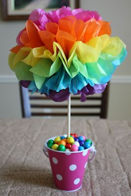 My Spare Time: Craft: Tissue Paper Pom Poms Diy Event Decor Ideas, Rainbow Baby Shower Theme, Rainbow Centerpiece, Diy Baby Shower Centerpieces, Trolls Birthday Party, Rainbow Parties, Diy Baby Shower Decorations, Tissue Paper Pom Poms, Trolls Birthday