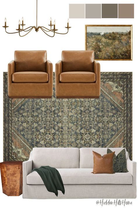 Living room decor mood board with leather swivel accent chairs Navy Green Beige Living Room, Cottage Living Rooms Vintage, Traditional Living Room With Leather Couch, Leather Couch With Velvet Accent Chairs, Magnolia Homes Rugs Living Rooms, Fireplace Decor Organic Modern, Leather Couch Moody Living Room, Mismatch Living Room Chairs, Moody Room Rug