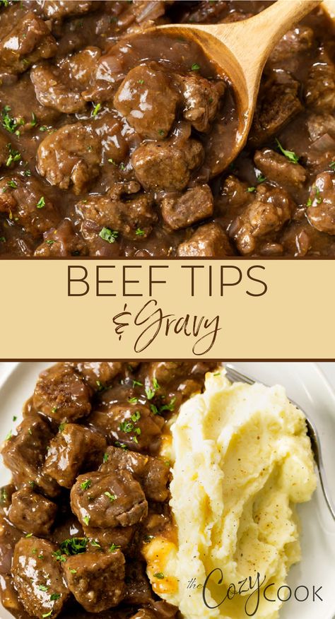 Beef tips and gravy with a side of mashed potatoes Uses For Stew Meat, Easy Beef Dinner Recipes For Family, Steak Tips Recipe Crockpot, Slow Cooker Beef Tips With Gravy, Easy Weeknight Dinners Beef, Easy Beef Tips And Gravy Stove Top, Beef For Stew Recipes, Beef Tips Recipe Stove Top, Crock Pot Family Meals