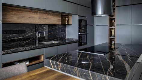 Black Marble Kitchen Countertops, Black And Gold Marble, Black Countertops, Marble Quartz, London House, Black Quartz, Black And White Marble, Engineered Stone, Black Granite