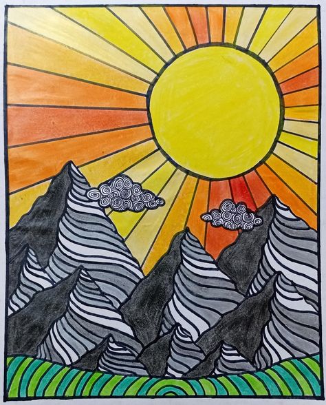 Balayage, Background Easy Drawing, Grade 4 Drawing Ideas, 7 Elements Of Art In One Drawing Easy, Painting Sunrise Easy, Line Art Landscape Drawings, Landscape Oil Paintings Easy, 7 Elements Of Art Drawing, Line Landscape Drawing