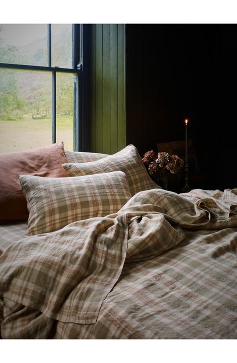 Made from stonewashed French linen, this checked sheet gets softer with every sleep as it adds natural depth and texture to your bedding set. 100% linen Machine wash, tumble dry Made in Portugal Plaid Quilt Pattern, Cozy Cabin Interior, Plaid Bed, Cosy Cabin, Piglet In Bed, Vintage Bedding Set, Plaid Duvet Cover, Plaid Sheets, Wool Mattress