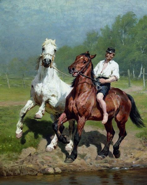 Otto Bache, Danish (1839-1927), En Karl Ridder to Heste til Vands (Farmhand Rides Two Horses to Water), 1885, oil on canvas, 39 x 32 cm, Museumsbygningen, Copenhagen Farm Horses, Gray Horse, Rasy Koni, Horse Illustration, Horse Artwork, Equestrian Art, Two Horses, Horse Drawing, Horse Drawings