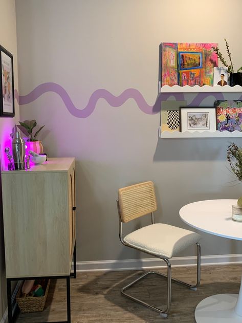 Abstract Wall Shelves, Squiggle On Wall, Accent Wall Squiggle, Painted Squiggle On Wall, Wavy Wall Mural, Funky Murals Wall Art, Purple Wall Room, Fun Wall Painting, Purple Wall Design