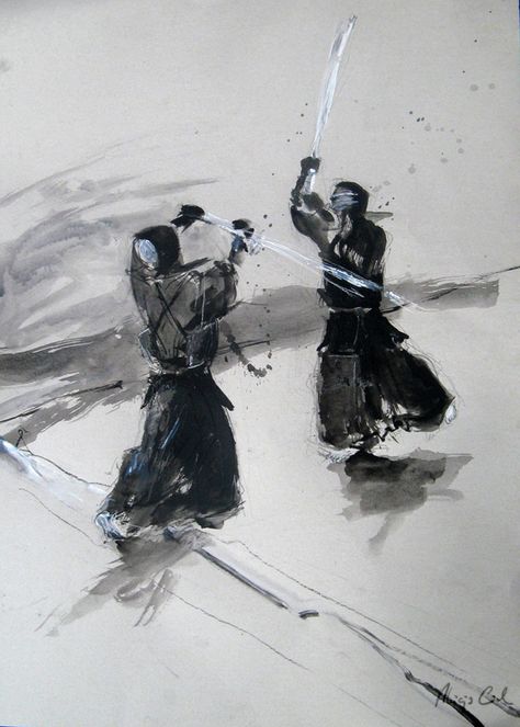 Series of drawings in mixed media illustrating Japanese martial art - Kendo Samurai Duel Art, Arnis Martial Art Drawing, Kendo Drawing, Arnis Aesthetic, Kendo Aesthetic, Samurai Duel, Outdoor Activities For Adults, Activity Games For Kids, Samurai Artwork