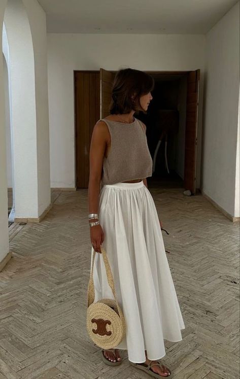 a neutral summer vocational look with a skirt Dainty Fashion Aesthetic, Minimal Skirt Outfit, White Skirt Outfit Summer Classy, White Maxi Skirt Summer Outfit, Lawyer Casual Outfit, Maxi Linen Skirt Outfit, Montauk Aesthetic Outfits, The Row Summer 2024, Tropical Modest Outfits