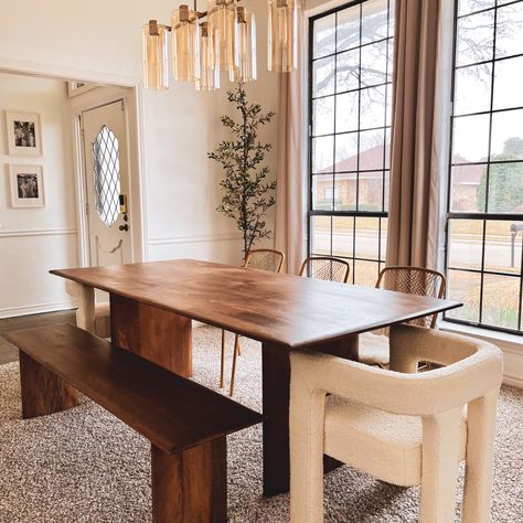 Mis Century Dining Table, Dining Room Bench And Chairs, Dining Table With Bench And Chairs Ideas, Mixed Seating Dining Table, Dining Table With Two Benches, Dining Table With Low Back Chairs, Mid Mod Dining Table, Dining Room Walnut Table, Dining Table With Different End Chairs