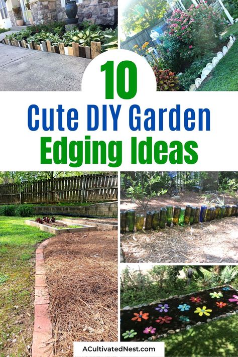 10 Cute DIY Garden Edging Ideas- Whether you have a sprawling garden or a cozy backyard, these DIY garden edging ideas will add charm and character to your landscape! | #GardenIdeas #DIYEdging #GardenProjects #gardening #ACultivatedNest Diy Garden Edging Ideas Cheap, Garden Boarders Ideas, Cheap Garden Edging, Recycled Garden Edging, Diy Garden Edging, Garden Edging Ideas Cheap, Metal Garden Edging, Wine Bottle Garden, Garden Border Edging