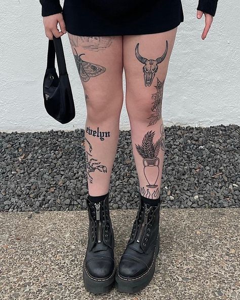 Grunge Leg Tattoos Women, Women’s Leg Tats, Womens Leg Patchwork Tattoos, Scattered Leg Tattoos For Women, Thigh Tattoos Alternative, Upper Thigh Patchwork Tattoo, Full Leg Patchwork Tattoos, Below The Knee Tattoos For Women, Grunge Knee Tattoo