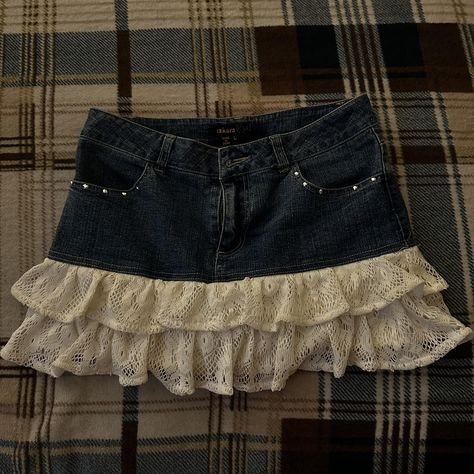 Jean Skirt With Ruffles, Lace Jean Skirt, Jean Skirt With Lace, Denim Ruffle Skirt Outfit, Low Waisted Jean Skirt, Jean Skirt Fits, Ruffled Jean Skirt, Denim Skirt With Lace, Coquette Skirt