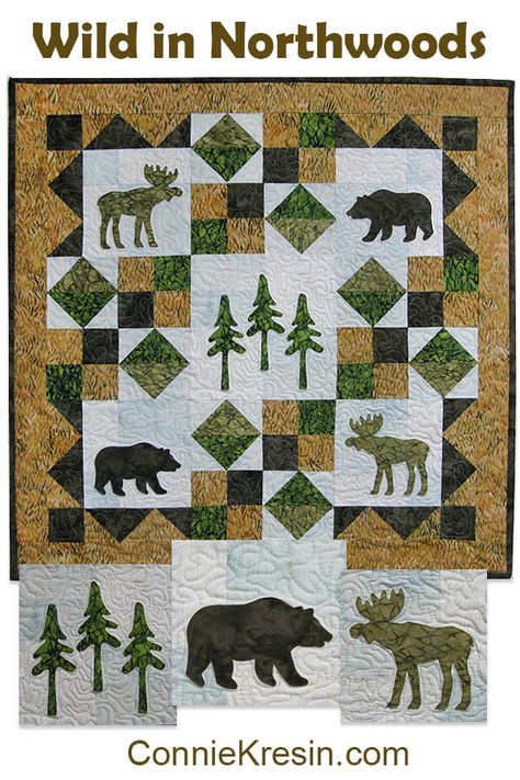 Wild in Northwoods Free Pattern Patchwork, Northwoods Quilt Patterns, Woodsy Quilt Patterns, Wilderness Quilt Patterns Free, Nature Quilts Ideas, Moose Quilt Patterns, Bear Quilt Pattern, Woodland Quilts, Mountain Quilt Block