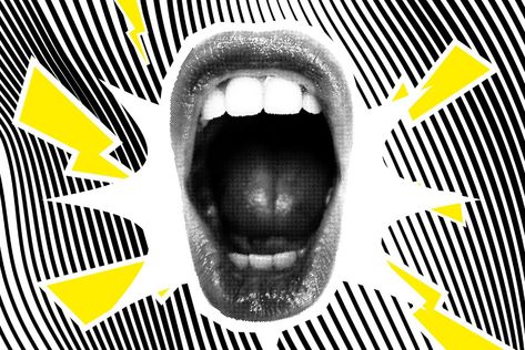 Questions Polite People Never Ask | Reader's Digest Mouth Collage, Screaming Mouth, Social Media Etiquette, Background Collage, Background Bright, Bright Background, Striped Background, Mecha Anime, Creative Illustration