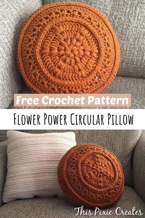 Rust Coloured Circular Crochet Pillow with a Flower Center Crochet Pillow Designs, Vintage Crochet Pillow Patterns, Diy Home Decor Crochet, Crochet Pillow Cover Circle, Crochet Circle Projects, Cool Crochet Accessories, Crochet Pillow Circle, Crochet Pillow Cover Round, Crochet Circle Pillow Pattern