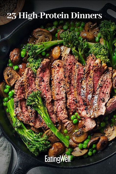 These delicious high-protein recipes will help you beat the midnight snack attack and keep you satisfied until breakfast.  From Bruschetta Chicken Pasta to Ground Beef Taco-Stuffed Sweet Potatoes, these high protein meals for your family will be a hit Best High Protein Dinners, Cheap Healthy Dinners High Protein, Dinner Recipes Veggie Heavy, Protein With Veggies, Meal Planning High Protein, High Protein Low Carb Beef Recipes, High Protein Meals Mexican, High Protein Meats List, Seafood High Protein Meals