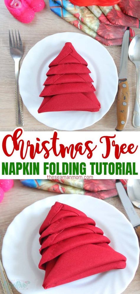 Natal, Amigurumi Patterns, How To Make Christmas Tree Napkins, Christmas Napkin Folding Tutorials, Diy Christmas Napkins, Kersfees Idees, Christmas Table Napkins, Creative Napkin Fold, Folded Napkins