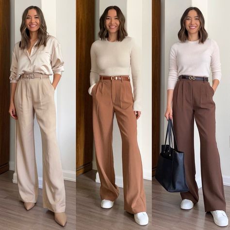 Office Outfits Women Long Sleeve, Styling Brown Wide Leg Pants, How To Style Dress Pants Business Casual, How To Style Tailored Pants, Women’s Business Causal, Smart Casual Woman Outfit, Women’s Pant Suit Outfit, Tan Pants Work Outfit, Sloane Pants Outfit