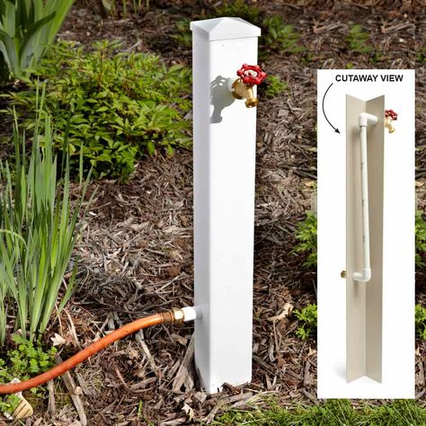 Hose Connection Extender - If you have a hose bib that has become hard to reach due to encroaching shrubs or other obstructions, here's a way to bring the water source out into the open. Run plastic pipe inside a PVC fence post and attach a hose bib and a nipple. Run a short piece of garden hose from the existing connection to the nipple, and the water supply will be right where you need it. To keep the post stable, run some threaded rod crosswise through the bottom of the post, dig a shallo... Outside Water Faucet Ideas, Garden Faucet Ideas Outdoor, Hose Area Landscaping, White Vinyl Fence Landscaping, Water Faucet Outdoor Ideas, Water Spigot Ideas Outdoor, Water Spout Ideas, Vinyl Fence Landscaping, Pvc Fence