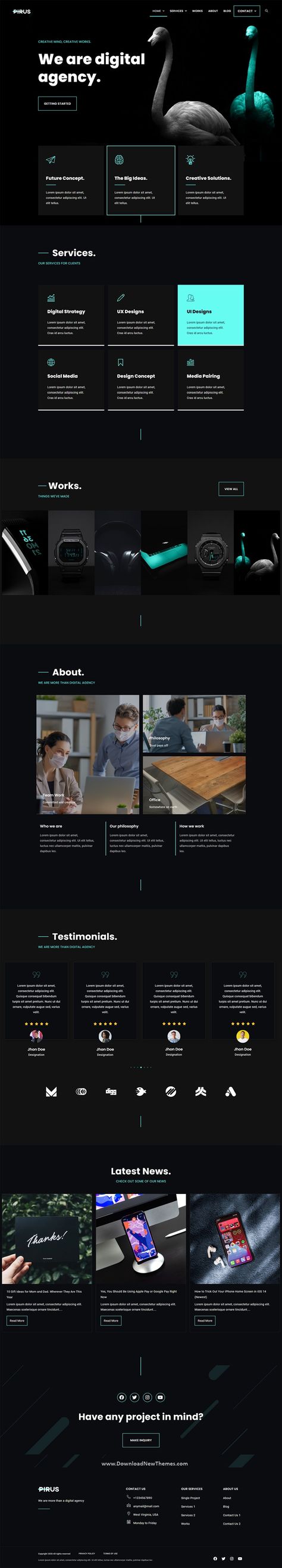 PIRUS Dark Digital Agency Elementor Template Kit is a clean, elegant and modern dark design responsive premium elementor template kit for digital agency, designers, freelancers, individuals or companies portfolio showcase professional website. It has 2 ⁬niche homepage layouts, 15+ pre-designed pages and sections can be imported into your website on WordPress in just a few clicks using the free page builder Elementor to download now & live preview click on image 👆 Freelance Website Inspiration, Creative Agency Website Design Layout, It Website Design Inspiration, Cool Website Design Layout, It Services Website Design, How It Works Web Design, About Us Page Design Website, Dark Theme Website, Modern Web Design Inspiration