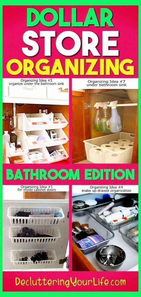 Dollar Store DIY Organization Bathroom Storage Solutions for Bathroom Clutter - Getting organized at home declutter and organize bathroom with Dollar Stores and Dollar Tree organizing ideas for all small spaces in your bathroom (under sink, vanities, cabinet doors, hair tools, drawers, cleaning supplies, shelves) Cheap bathroom organization ideas for clutter control made EASY! #bathroomstorage Small Bathroom Storage Diy, Organization Ideas On A Budget, Organizing Bathroom, Under Bathroom Sink, Bathroom Under Sink, Bathroom Organization Ideas, Bathroom Organization Hacks, Dollar Tree Organization, Getting Organized At Home