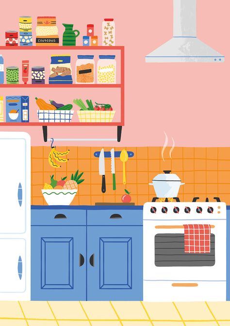 Essen, Kawaii, Indian Home Illustration, Indian Kitchen Illustration, Living Room Illustration Art, How To Illustration, Dishwasher Illustration, Kitchen Illustration Drawings, Room Design Illustration