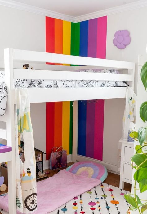 Rainbow Accent Wall Paint, Rainbow Painted Walls, Boy Rainbow Room, Rainbow Bedroom Wall, Painted Rainbow Wall, Rainbow Bedroom Ideas Kids, Rainbow Accent Wall, Rainbow Boys Room, Rainbow Stripe Wall