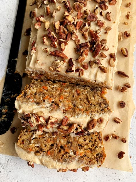 Vegan Carrot Cake Banana Bread with Cream Cheese Frosting - rachLmansfield Carrot Cake Banana Bread, Food Polls, Vegetarian Enchilada, Cake Banana Bread, Vegan Bakes, Carrot Banana Cake, Cake Treats, Enchilada Pasta, Banana Bread Loaf