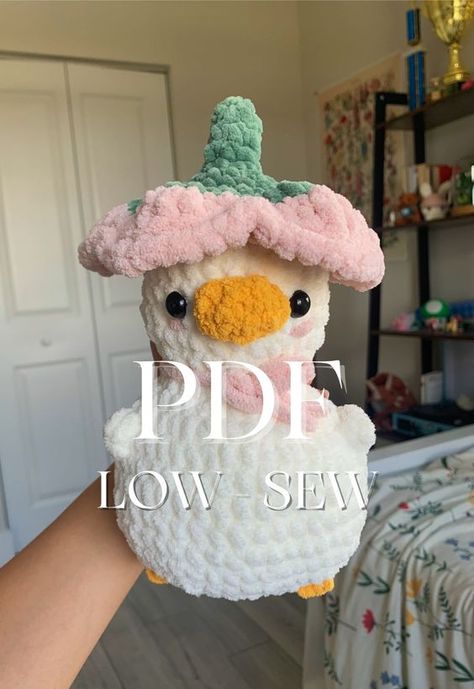 PATTERN: low-sew duck with flower hat easy crochet pattern | chunky duck | cottagecore | quick cute crochet pattern | kawaii plush amigurumi Crochet toys patterns free amigurumi #crochettoyspatternsfreeamigurumi #crochet #crochettoy #crochetpattern #crochetpatterns 1.169 Amigurumi Patterns, Coconut Crochet Pattern Free, Crochet Stuffed Animal Accessories, Easy Plush Crochet, Crochet Patterns Fluffy Yarn, Crochet Dc Stitch, New Sew Crochet Amigurumi Free Patterns, Crochet Accessories Pattern Free, Crochet Patterns No Sew