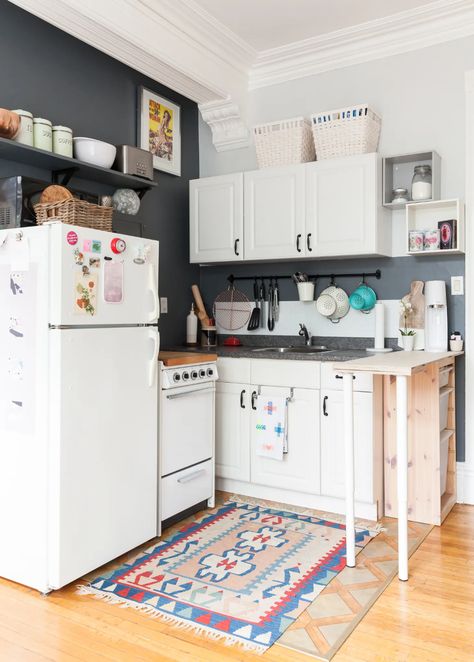 Optimize Kitchen Space, Limited Counter Space Kitchen, One Wall Kitchen Layout Small Apartment, How To Add Counter Space To Kitchen, One Counter Kitchen, Peninsula Bar Kitchen, More Kitchen Counter Space, Old Apartment Kitchen Makeover, Add Kitchen Counter Space