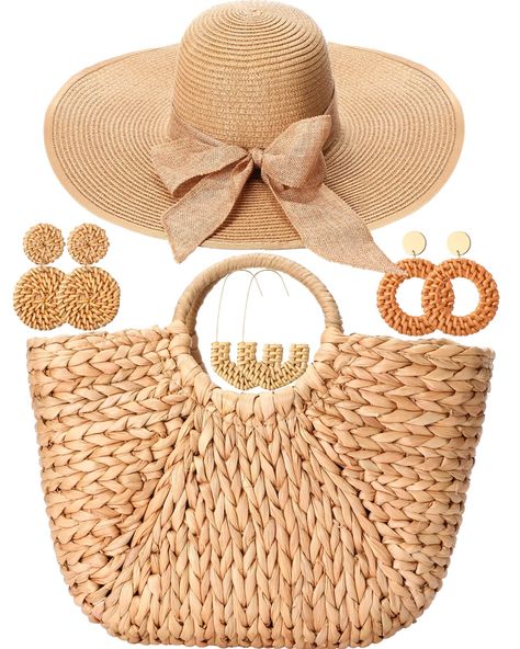 PRICES MAY VARY. Complete Summer Accessory Set: the straw tote bag, womens floppy sun hat with rattan errings set comes complete for your summer activities; It includes 1 womens straw tote bag, 1 straw hat women, and 3 pairs of rattan earrings; The khaki color tone of the bag and hat gives it a feel of the natural beach vibe, while the rattan earrings add a touch of bohemian charm; This set is great for women looking for fashionable yet practical summer accessories Reliable Straw Material: craft Yacht Dinner, Hawaiian Hats, Dinner Attire, Yacht Fashion, Beach Hats For Women, Rattan Earrings, Straw Earrings, Hat For Summer, Straw Beach Tote