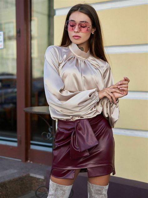 Silk Tops For Women, Puff Sleeves Blouse, Silk Long Sleeve Blouse, Blouse Elegant, Silk Tops, Blouse Silk, Collared Blouse, Sleeves Blouse, Satin Blouse