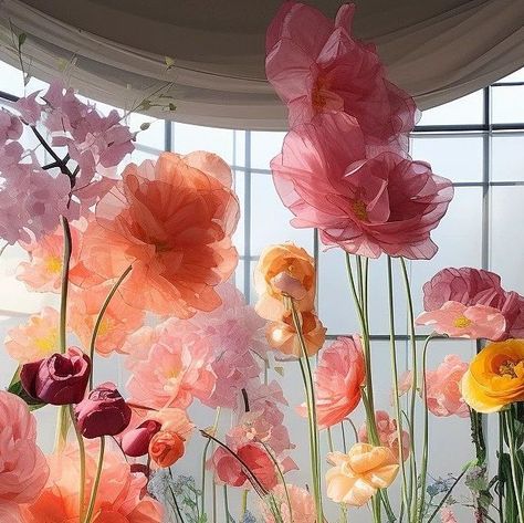 Zoi Decorative Design on Instagram: "Indoor giant flower landscape design, if you are also interested in giant flowers, we can talk about cooperation 💗💗 #Artificialflowers #giant flower#wedding #party #Window display#peony #peonyflower #paperflowers #organza #interior #interiordesign #interiordecor #mall" Large Flower Display, Flowers In Interior Design, Giant Flower Arrangement, Peony Party Theme, Giant Flowers Decorations, Wedding Giant Flowers, Large Flower Decor, Giant Outdoor Flowers Diy, Giant Flowers Photoshoot