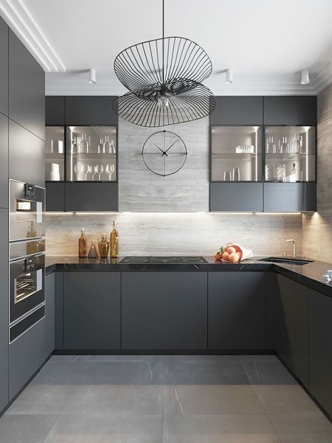 Grey Kitchen Tiles, Black And Grey Kitchen, Modern Luxury Kitchen Design, Modern Grey Kitchen, Model Dapur, Interior Dapur, Grey Kitchen Designs, Kabinet Dapur, Modern Kitchen Cabinet Design